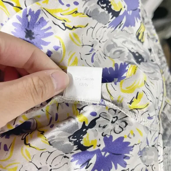 Parker Small S Gray Purple Yellow Silk Floral Dress Sweetheart Neckline Zip Back - Picture 12 of 12